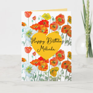 Carte Fleur de pavot orange rouge nom de femme aquarelle