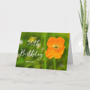 Carte Fleur de pavot orange sur fond vert Joyeux 50e ann