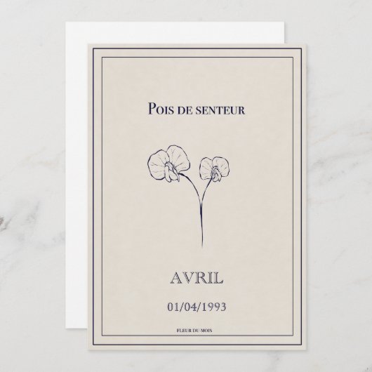 Carte fleur du mois de naissance avril  (Devant / Derrière)