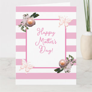 Carte Fleur et rayure rose et blanc pour la fête des mèr