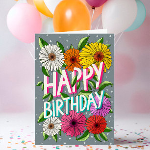 Carte Fleur gris coloré personnalisé Joyeux Anniversaire