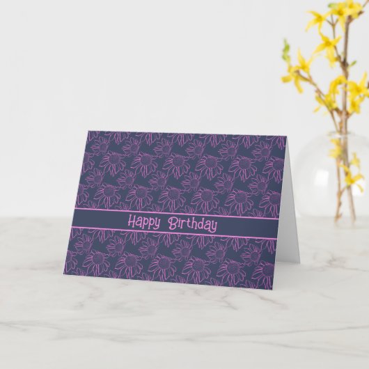 Carte Fleur Motif de ligne rose Bleu Joyeux anniversaire (Fleur jaune)