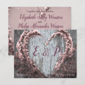 Carte Fleur rose élégante cœur en bois rustique de grang (Devant / Derrière)