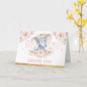 Carte Fleur rose pâle bébé Eléphant Fille Merci (Fleur jaune)