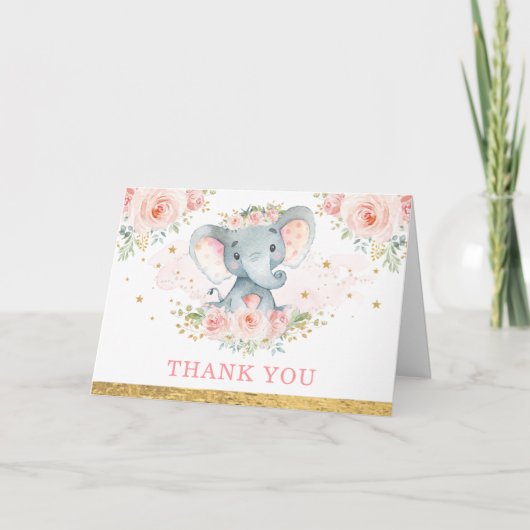 Carte Fleur rose pâle bébé Eléphant Fille Merci (Devant)