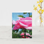 Carte Fleur rose rose et feuilles verts en bleu (Fleur jaune)