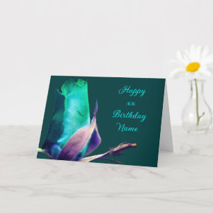 Carte Fleur Rosebud Turquoise Anniversaire personnalisé