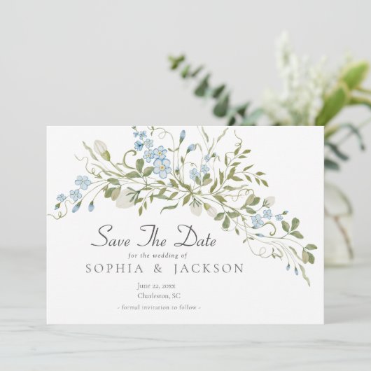 Carte Fleur sauvage Bleu Vert Mariage Enregistrer La Dat (Debout devant)