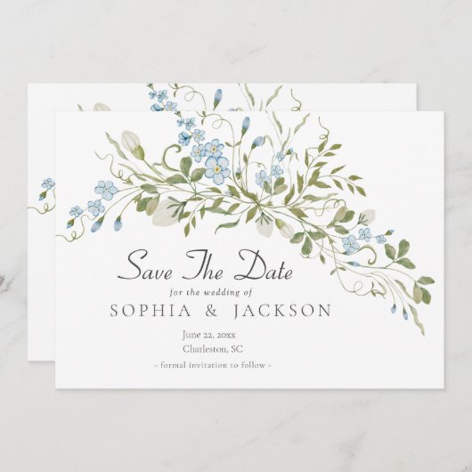 Carte Fleur sauvage Bleu Vert Mariage Enregistrer La Dat (Devant / Derrière)