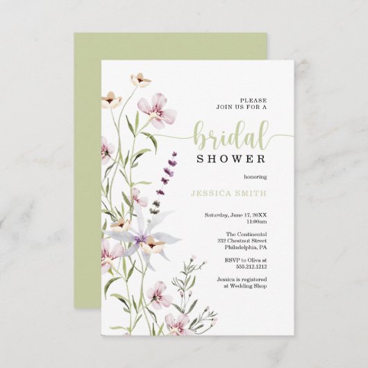 Carte fleur sauvage d'invitation de douche nuptial (Devant / Derrière)