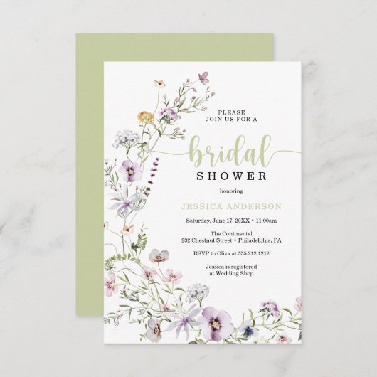 Carte fleur sauvage d'invitation de douche nuptial (Devant / Derrière)