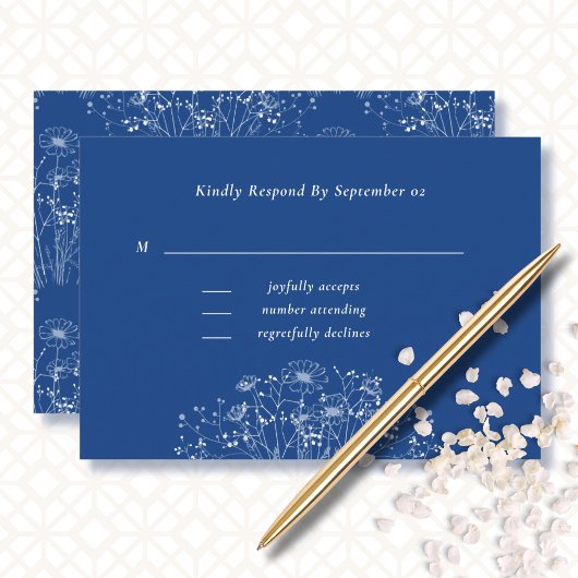 Carte Fleur sauvage Royal Bleu Blanc Boho Wedding RSVP