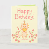 Carte Fleur vive&Cute Chat portant Casquette&Coeur Anniv (Devant)