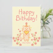 Carte Fleur vive&Cute Chat portant Casquette&Coeur Anniv (Debout devant)