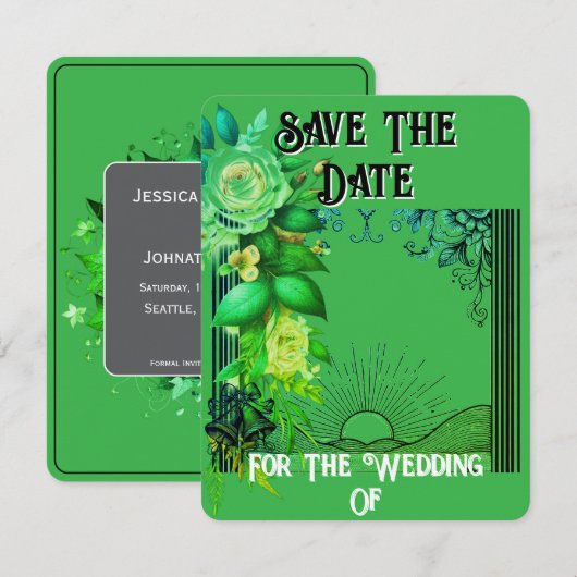 Carte Fleurie Verte Save The Date Sunrise (Devant / Derrière)