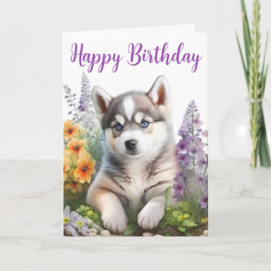 Carte Fleurs à l'aquarelle et chiot husky sibérien