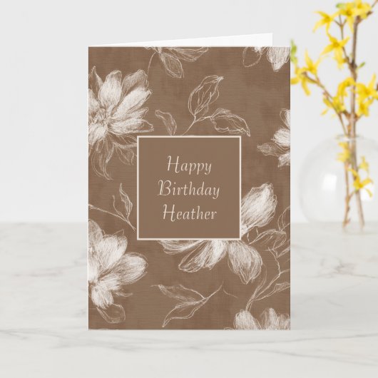 Carte Fleurs Abstraites Marron Blanc Anniversaire (Fleur jaune)