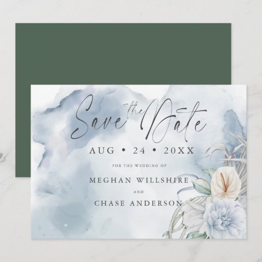 Carte Fleurs aquarelles bleu poussiéreux (Devant / Derrière)