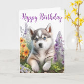 Carte Fleurs aquarelles et chiot husky sibérien (Fleur jaune)