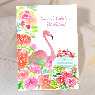 Carte Fleurs aquarelles, Flamant Rose et gâteau d'annive