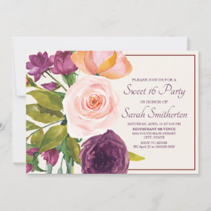 Carte Fleurs aquarelles rose et violet pour Sweet 16 cré