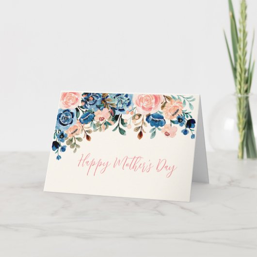 Carte Fleurs aquarelles roses et bleues pour la fête des (Devant)