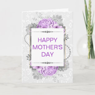 Carte Fleurs argent et lilas et paillettes Fête des mère