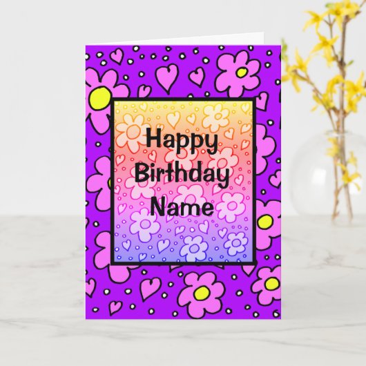 Carte Fleurs aux tons violets Anniversaire (Fleur jaune)