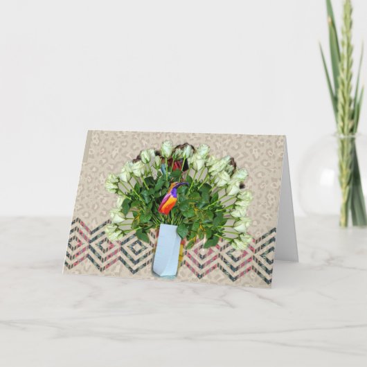 Carte Fleurs avec Oiseau et Poème (Devant)