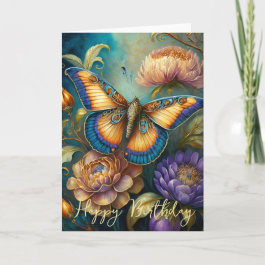 Carte Fleurs baroques et papillon anniversaire (Devant)