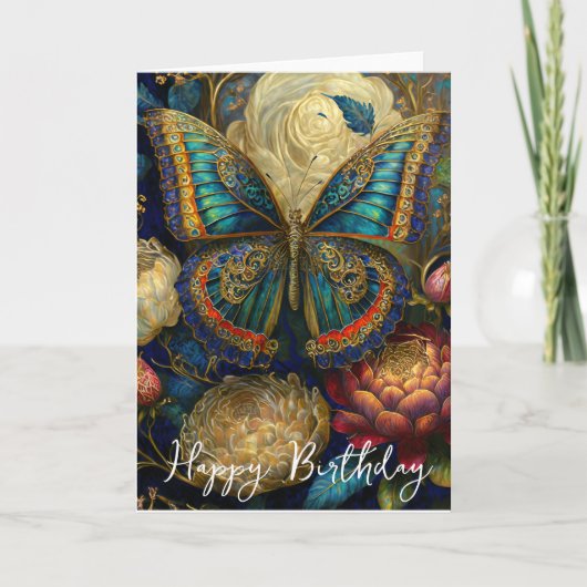 Carte Fleurs baroques et papillon anniversaire (Devant)