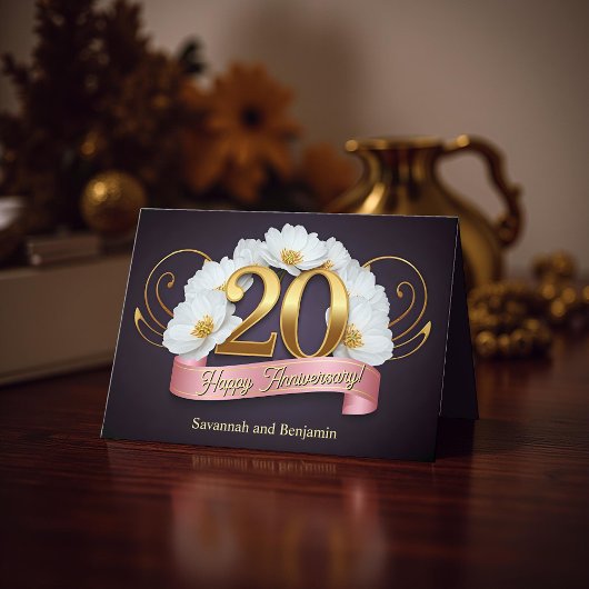 Carte Fleurs blanches 20e anniversaire de Mariage d'or