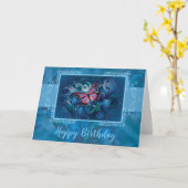 Carte Fleurs Bleues Élégantes & Papillon (Fleur jaune)