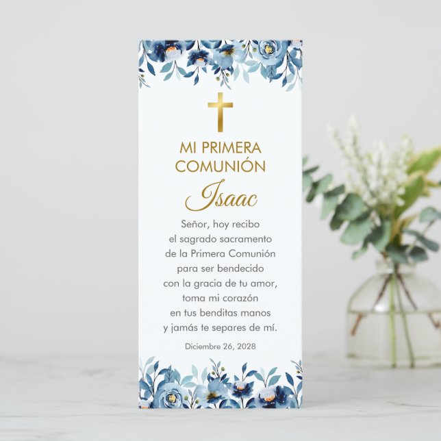 Carte Fleurs bleues Premier Signet communion en espagnol (Debout devant)