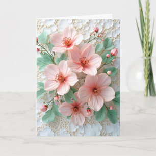 Carte Fleurs Cosmos Roses Sur Dentelle Bridale Blanche