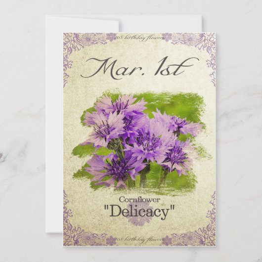 Carte Fleurs d'anniversaire le 1er mars "Bleuet" (Devant)