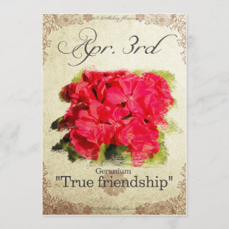 Carte Fleurs d'anniversaire le 3 avril "Geranium"