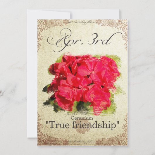 Carte Fleurs d'anniversaire le 3 avril "Geranium" (Devant)