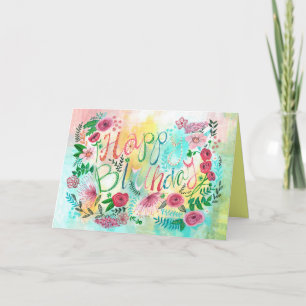 Carte Fleurs d'anniversaire rose et jaune élégantes salu