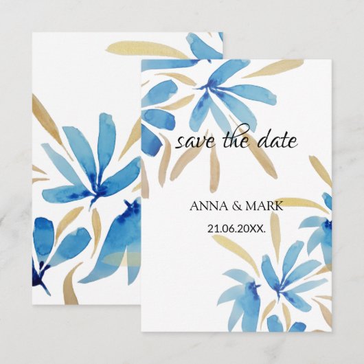Carte Fleurs D'Aquarelle Bleu Clair Et Or (Devant / Derrière)