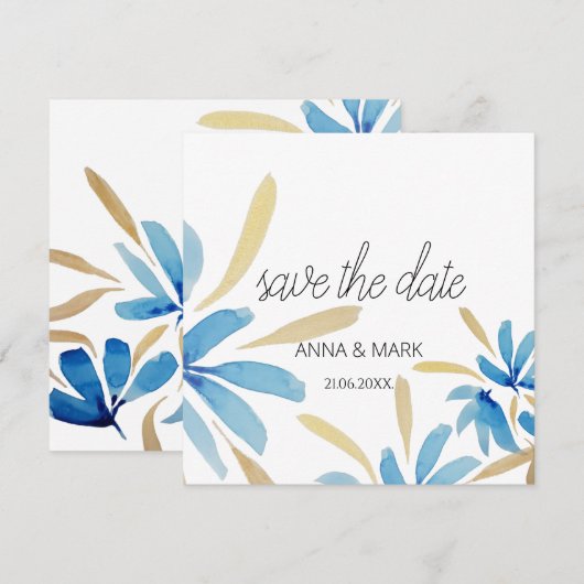 Carte Fleurs D'Aquarelle Bleu Clair Et Or (Devant / Derrière)