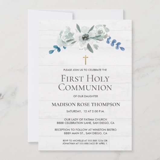Carte Fleurs d'aquarelle Croix d'or 1ère Sainte Communio (Devant)