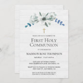 Carte Fleurs d'aquarelle Croix d'or 1ère Sainte Communio (Devant / Derrière)