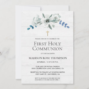 Carte Fleurs d'aquarelle Croix d'or 1ère Sainte Communio