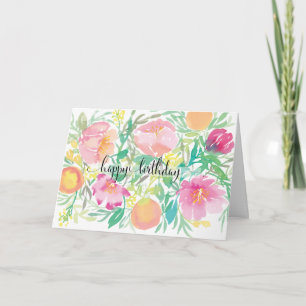 Carte Fleurs d'aquarelle et pêches Joyeux anniversaire