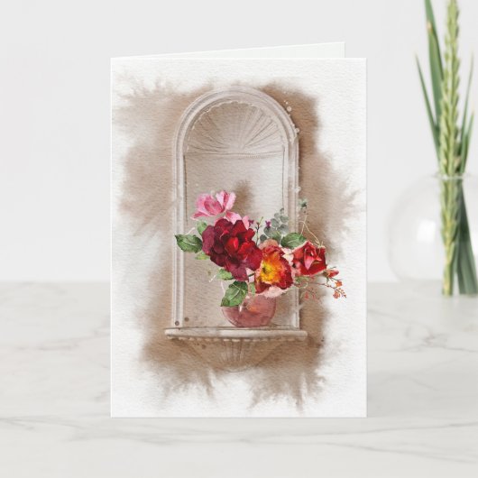 Carte Fleurs d'aquarelle et verre de vin en Sympathy (Devant)