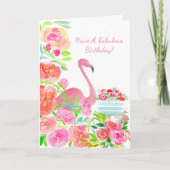 Carte Fleurs D'Aquarelle, Flamant rose Et Gâteau Anniver (Devant)