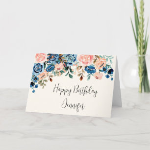Carte Fleurs d'aquarelle rose et bleu Anniversaire