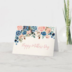 Carte Fleurs d'aquarelle rose et bleu Fête des mères
