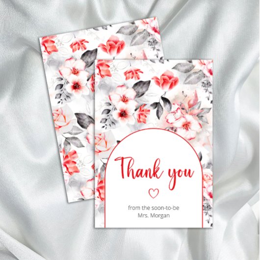 Carte Fleurs d'aquarelle rouge et gris merci